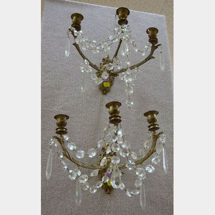 Pair of Late Victorian Gilt Cast Metal and Glass Pendant Three-Light Wall Sconces. 