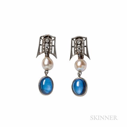 Synthetic Sapphire and Cultured Pearl Earrings