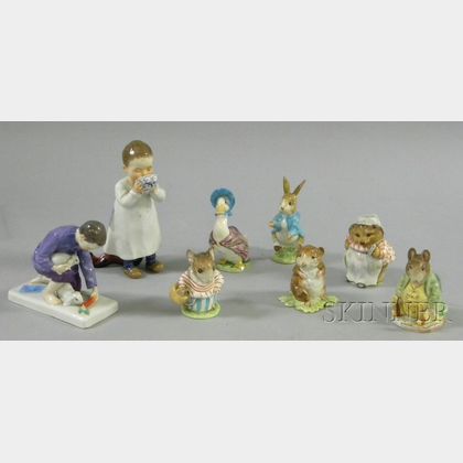 Six Beswick Beatrix Potter Ceramic Figures and Two Meissen Hand-painted Porcelain Figures