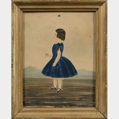 American School, 19th Century Portrait of a Little Girl Wearing a Blue Dress in a Landscape.