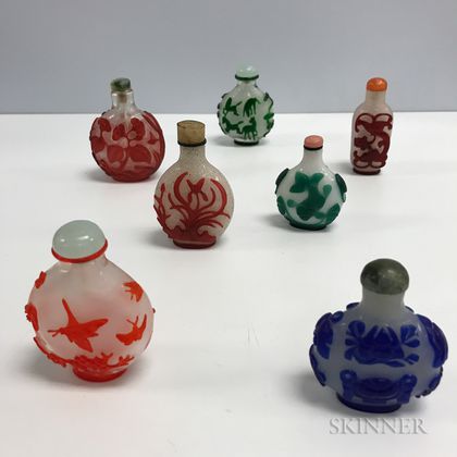 Seven Single Overlay Peking Glass Snuff Bottles
