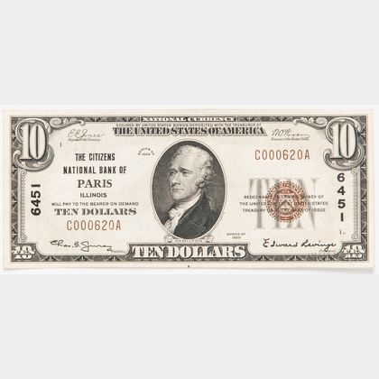 1929 The Citizens National Bank of Paris Type 1 $10 Note