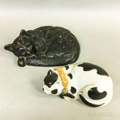 Cast Iron Cat Doorstop and a Porcelain Cat