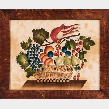 Modern Watercolor on Velvet Theorem with a Bird and Basket of Fruit