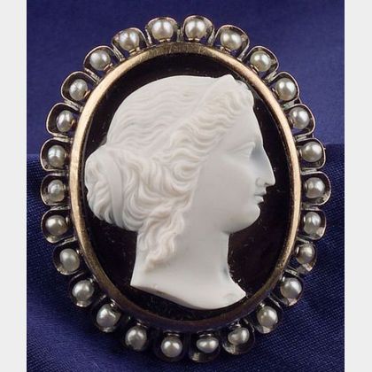 Antique 18kt Gold, Agate, and Seed Pearl Cameo Brooch