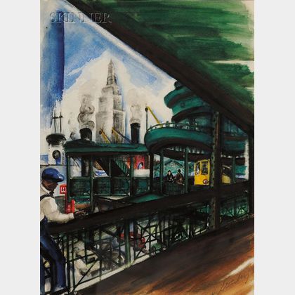 Harry Sternberg (American, 1904-2002) Urban Landscape with Streetcar