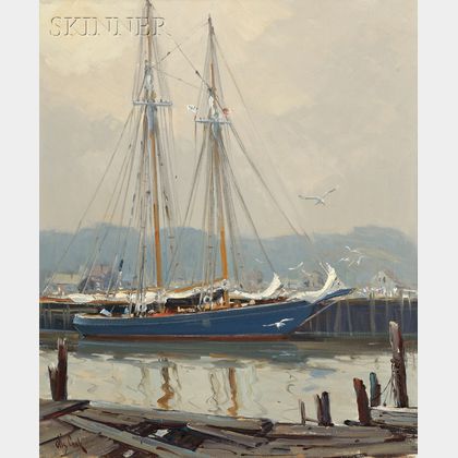 Otis Pierce Cook (American, 1900-1980) Schooner at Gloucester Harbor