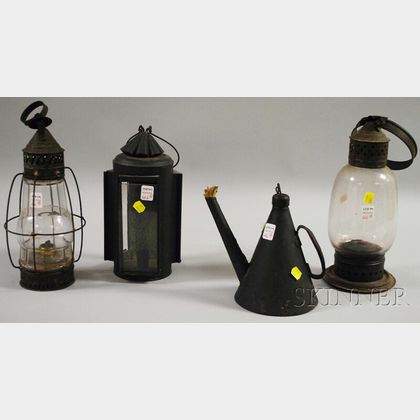 Three Tin and Glass Lanterns, and a Sheet Iron Spout Lamp