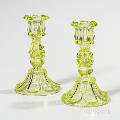 Pair of Vaseline Pressed Glass Petal and Loop Pattern Candlesticks