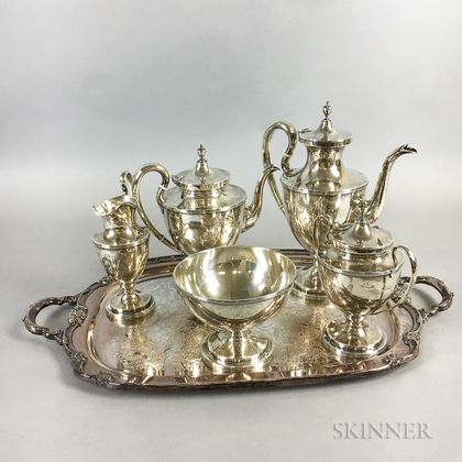 Five-piece S. Kirk & Sons Sterling Silver Coffee Set and a Silver-plated Tray