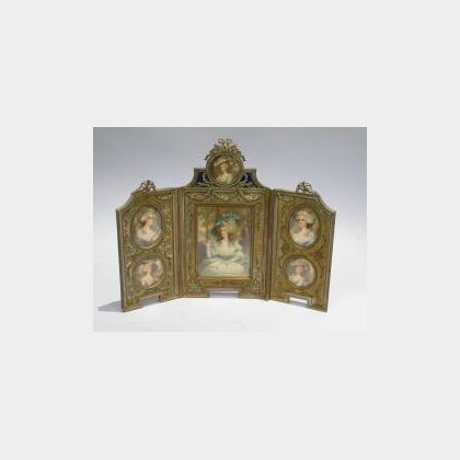 Louis XVI Style Gilt Bronze Mounted Tri-Part Tablescreen with Miniature Portraits. 