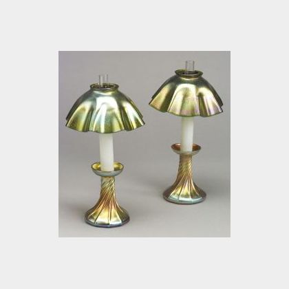 Pair of Tiffany Gold Favrile Candlestick Lamps
