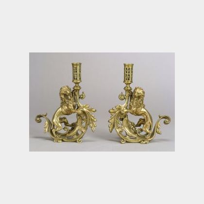 Pair of Bronze Renaissance Revival Lion Candlesticks