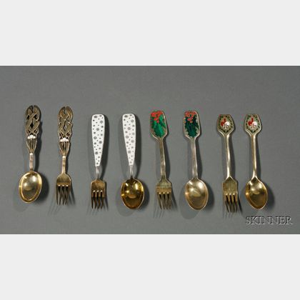 Four Danish Gold-washed Sterling and Enamel Decorated Christmas Fork and Spoon Sets