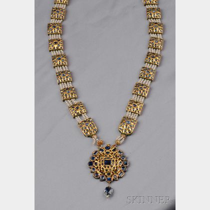 Antique High-Karat Gold, Foil-back Sapphire, Enamel, and Seed Pearl Pendant Necklace