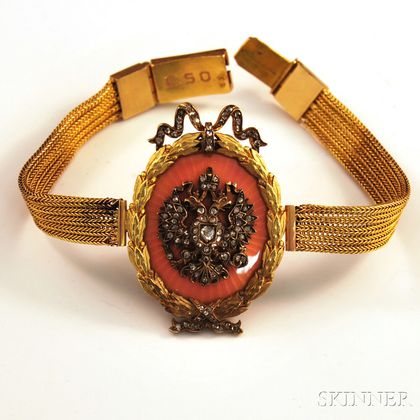 Victorian 14kt Gold, Pink Enamel, and Diamond Bracelet