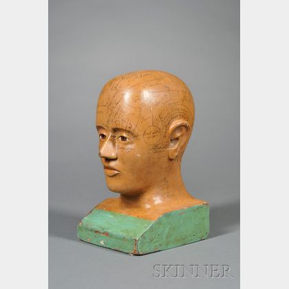 Carved and Painted Wooden Phrenology Head Model