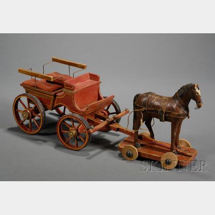 Painted Wooden Horse Pull-toy and Carriage