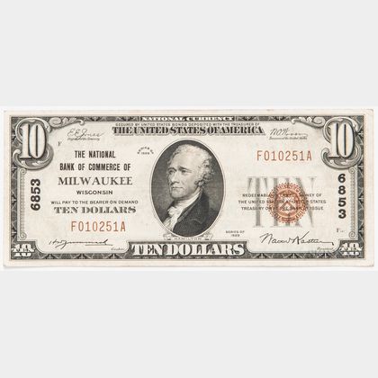 1929 The National Bank of Commerce of Milwaukee Type 1 $10 Note