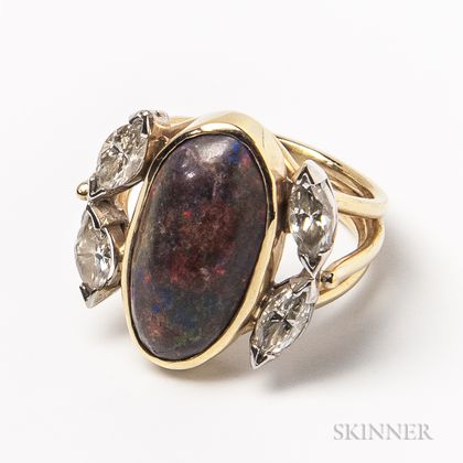 14kt Gold, Black Opal, and Diamond Ring