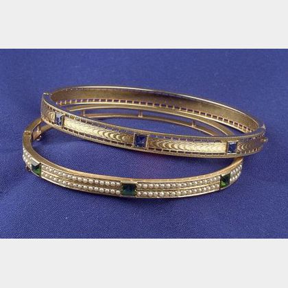 Two Edwardian 14kt Gold and Gem-set Bangle Bracelets