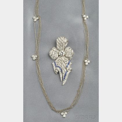 Art Deco Platinum, Sapphire, and Diamond Bow Pendant/Brooch