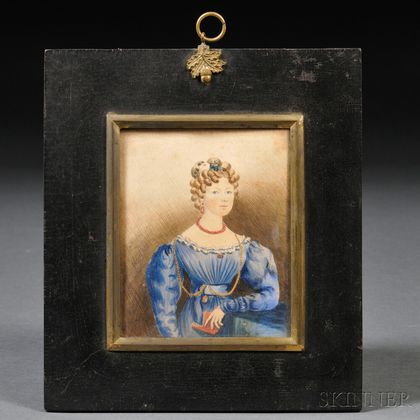 British School, 19th Century Small Portrait of a Young Lady Wearing a Blue Gown and Holding a Red Book.