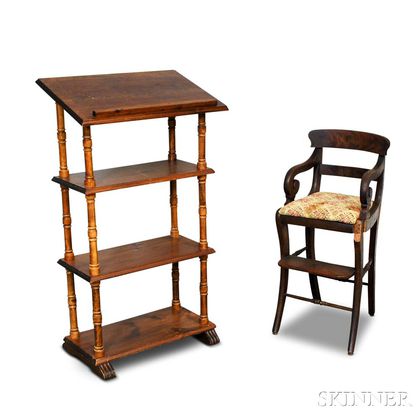 Pine Four-tier Reading Stand and a Maple Highchair. Estimate $20-200