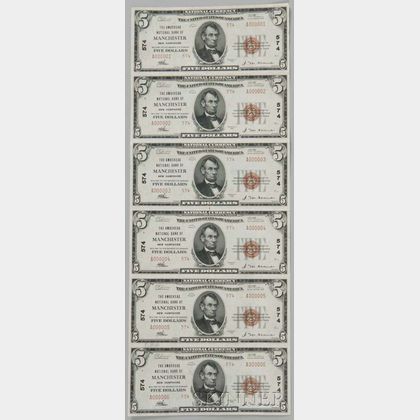 1929 The Amoskeag National Bank Uncut Sheet of Type 2 $5 Notes, PMG About Uncirculated 55