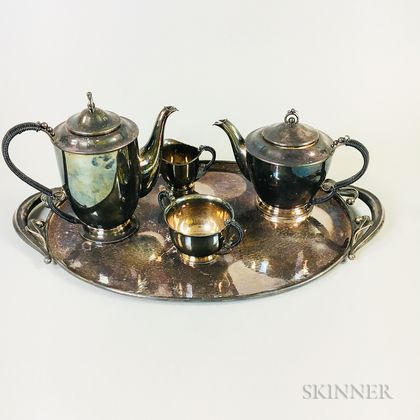 Four-piece Danish Modern Silver-plated Coffee and Tea Service and a Sterling Silver Tray