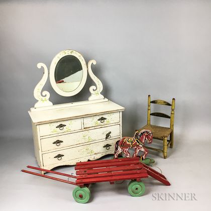 Child's Painted Wood Bureau, Two Pull Toys, and Chair. Estimate $20-200