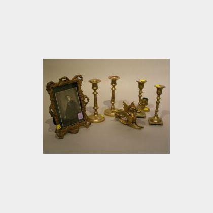 Two Pairs of Brass Candlesticks, Mirrored Sconce and Dragon Candleholder. 