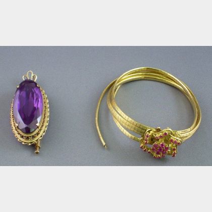 14kt Gold Color Change Synthetic Sapphire Brooch and 18kt Gold and Ruby Bracelet