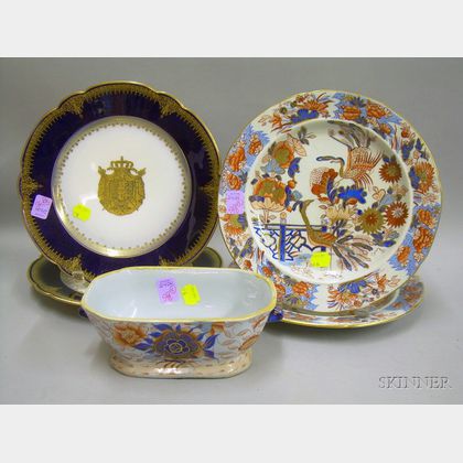 Three Pieces of English Ironstone Tableware and Pair of Sevres-type Transfer Gilt Armorial and Cobalt-banded Porcelain Plates