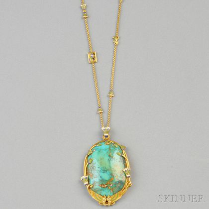 Egyptian Revival 18kt Gold, Turquoise, and Enamel Pendant Necklace, Marcus & Co.