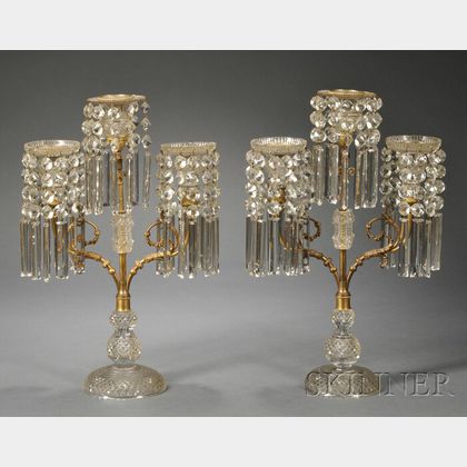 Pair of French Bronze and Colorless Cut Glass Three-light Mantel Lustres