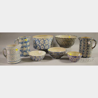 Eight Pieces of Blue and White Spongeware
