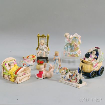 Eight Staffordshire Pottery and Bisque Child Figures/Figural Groups