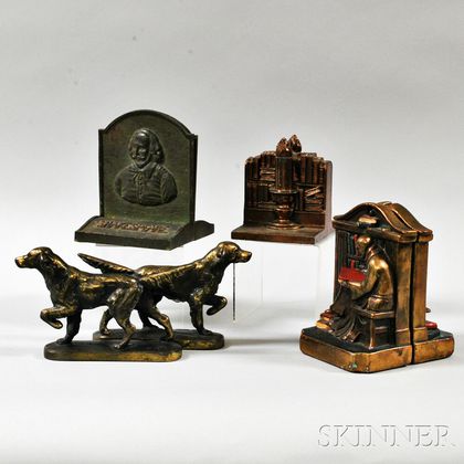 Three Sets of Metal Bookends and Two Cast Brass Dogs