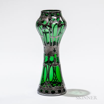 Alvin Silver Overlay Green Glass Vase