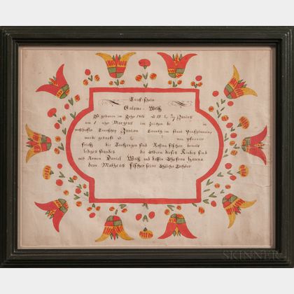 Union County Watercolor Birth Fraktur for Salmoe Weis