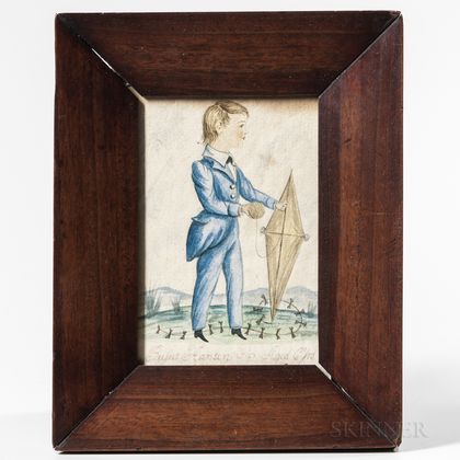 Anglo/American School, 19th Century Miniature Portrait of a Boy with a Kite