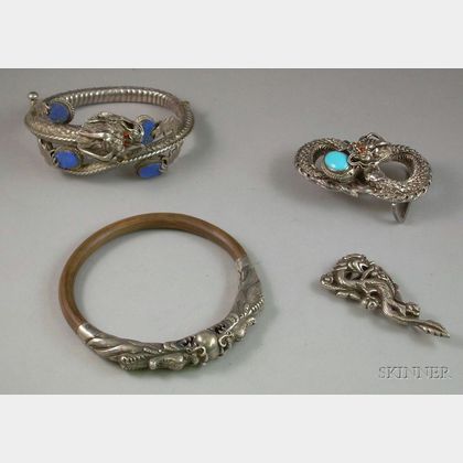 Four Pieces of Chinese Silver Dragon Chasing Pearl Jewelry