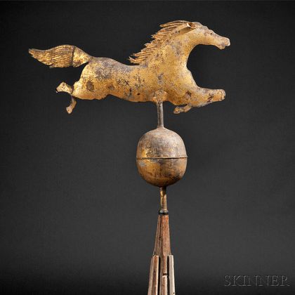 Gilt Molded and Sheet Copper Leaping Horse Weathervane on Stand