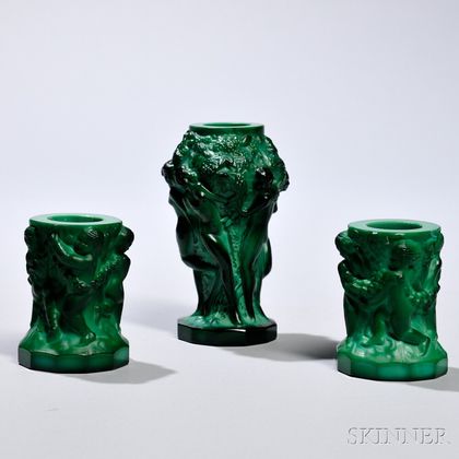 Three Art Deco Green Malachite Bohemian Art Glass Vases
