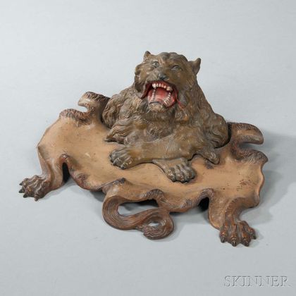 Bronze Lion Desk Tray with Inkwell