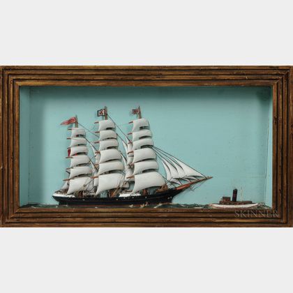 Shadow Box Diorama of an English Sailing Ship and Tugboat