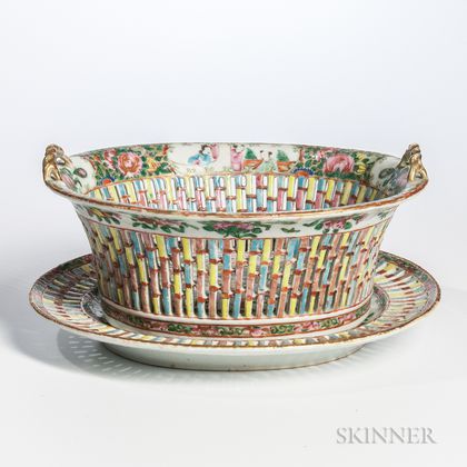 Rose Medallion Export Porcelain Reticulated Fruit Bowl and Undertray