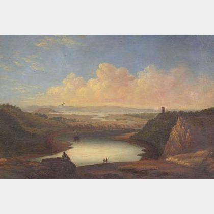 Hudson River School, 19th Century Figures Viewing a Mountain River Landscape.