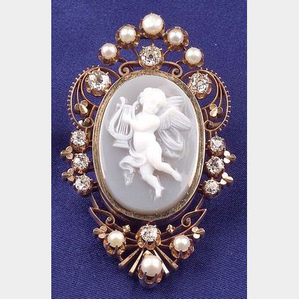 Antique 14kt Gold Hardstone Cameo, Diamond and Seed Pearl Pendant/Brooch